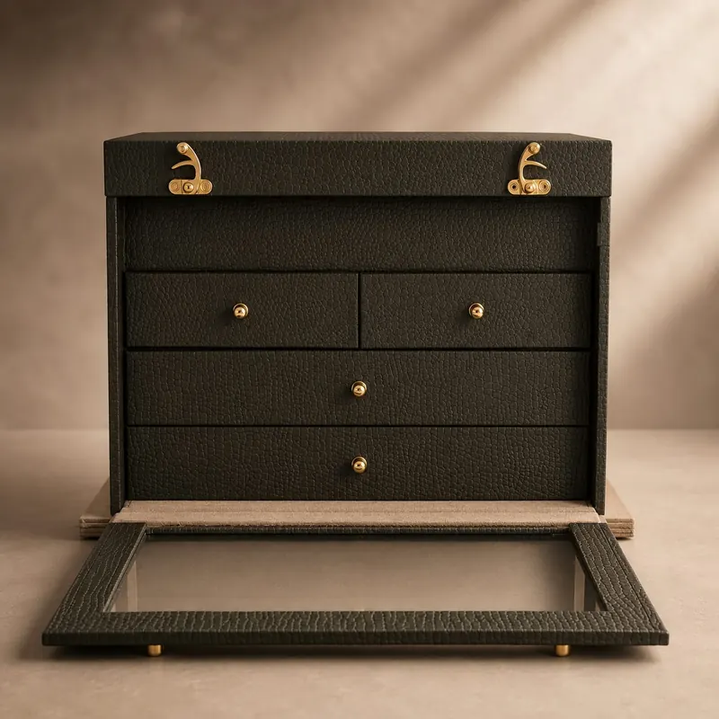Closed jewellery box front elevation showing brass catches and drawer knobs