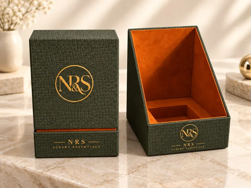 Two dark green textured rigid boxes with gold foil roundels, one standing open to an angled orange suede-lined insert, made in Karachi