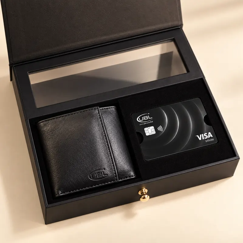 Presentation box open, a wallet and card sitting flush in their recessed platform