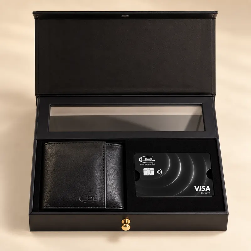 Black rigid presentation box with a window lid, foam-fitted insert and brass pull, made in Karachi