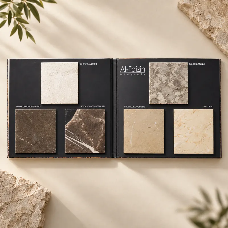 Open stone sample book with six tiles mounted in recessed board windows, made in Karachi