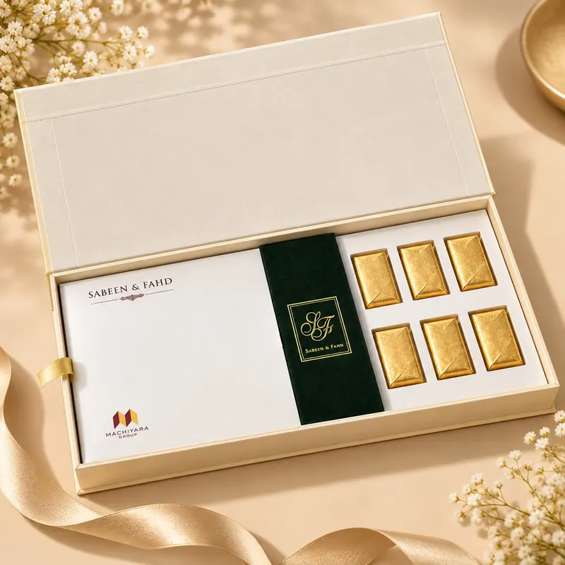 Cream favour box open with the invitation card half out beside a green velvet sleeve and a row of gold-wrapped sweets