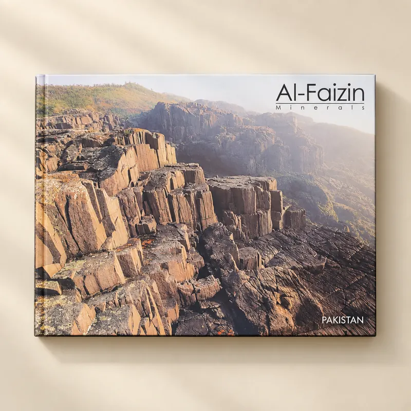 Landscape hardcover catalogue with a full-bleed printed cover, bound in Karachi