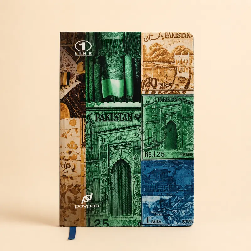 Hardcover diary with a full-bleed printed and laminated cover and a ribbon marker, bound in Karachi